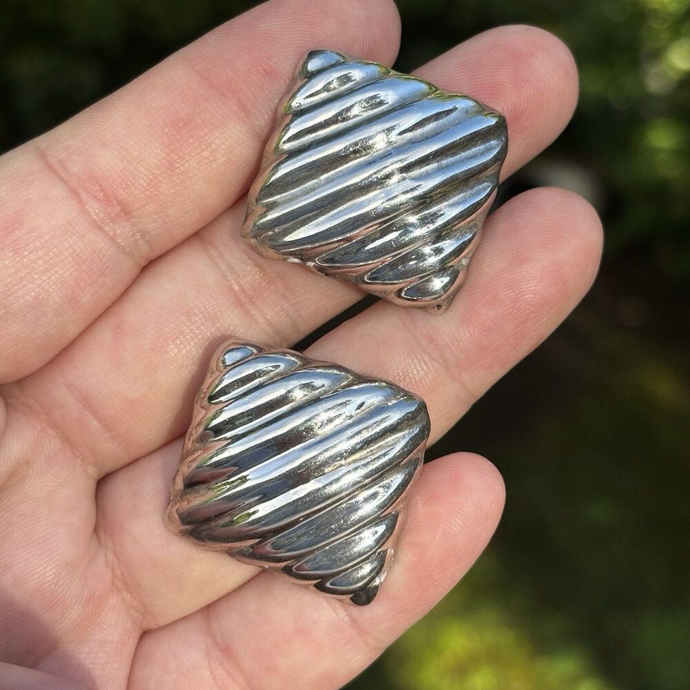 Vintage Mexico 925 Sterling Silver Clip On Earrings Chunky Sculptural Ribbed 17g